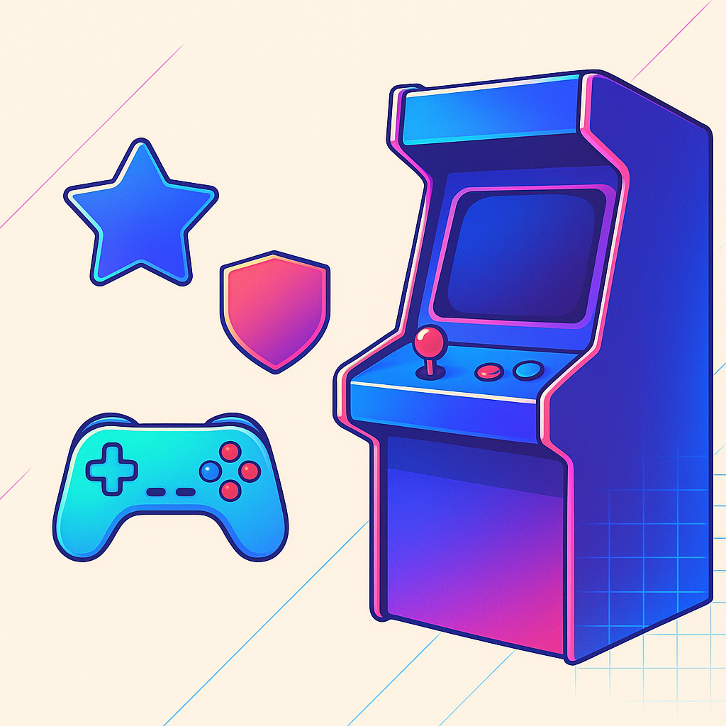 Playforge Arcade hero: stylized arcade collage with HUD badges